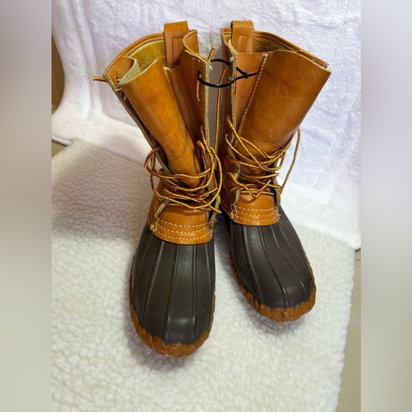 LL Bean 8" Tan Leather Blue 212880 Unlined USA Made Duck Boots US unixes size L8 - Picture 11 of 16